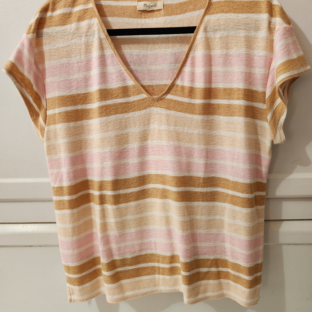 Madewell Striped V-Neck Tee - Pink and Tan